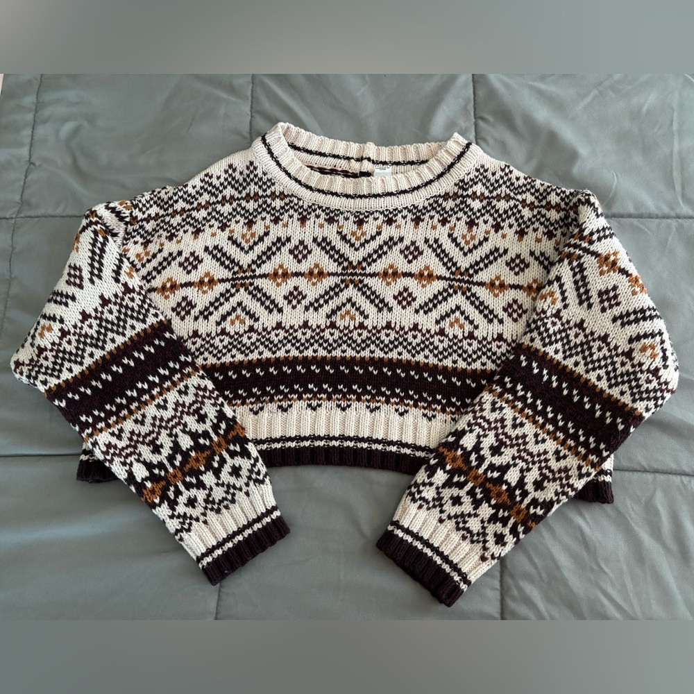 Patterned Knit Sweater - Purple Mustard and Cream